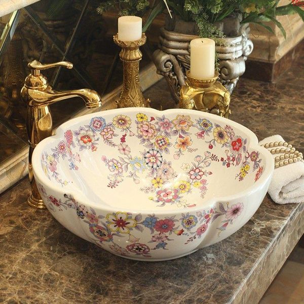 Jingdezhen Bagno lavello in ceramica lavabo Lavabo da appoggio Lavabo Lavelli vaso in porcellana nera fiore shapegood qty Vsllf