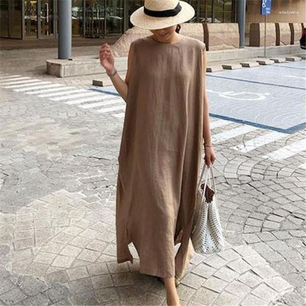 Lässige Kleider Sommer eleganter Knöchel-Länge Sundress Mode Frauen Split Saum losen Vestidos Kaftan ärmellose Kleid Robe Femme