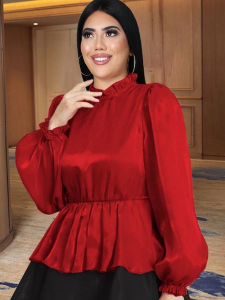 T-shirt Red Plus Size Tops Tops Mulheres Lanterna longa Lanterna Hunta Cantura elástica Lady Lady Trabalho Casual Use Peplum Camisetas Bloups Winter 2023