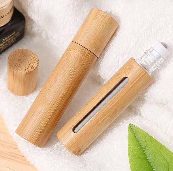 100pcs 10ml Natural Bambu Recarregável Vazio Óleo Essencial Perfume Fragrância Perfume Aço Roller Ball Garrafa Para Viagens Em Casa