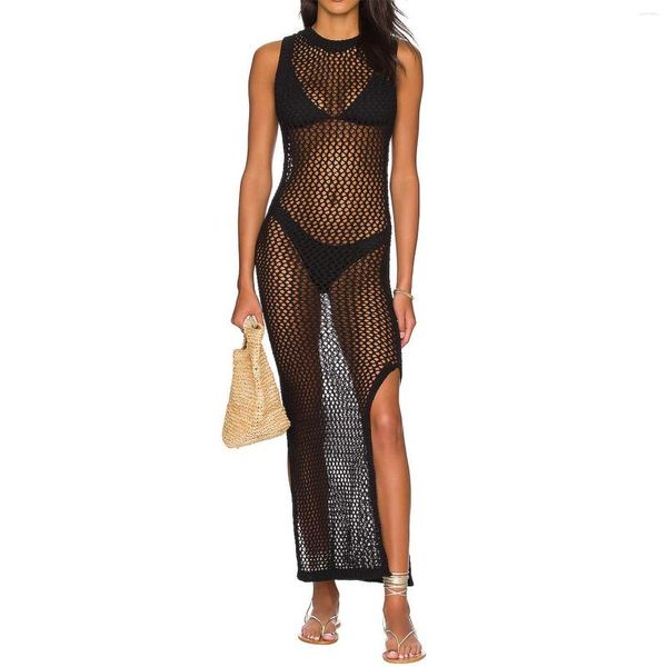 Damen-Bademode 2023 Frauen gestrickte Cover-Ups Kleid durchsichtig aushöhlen Badeanzug Bikini-Mantel Sommer ärmellos lange Häkel-Strandbekleidung