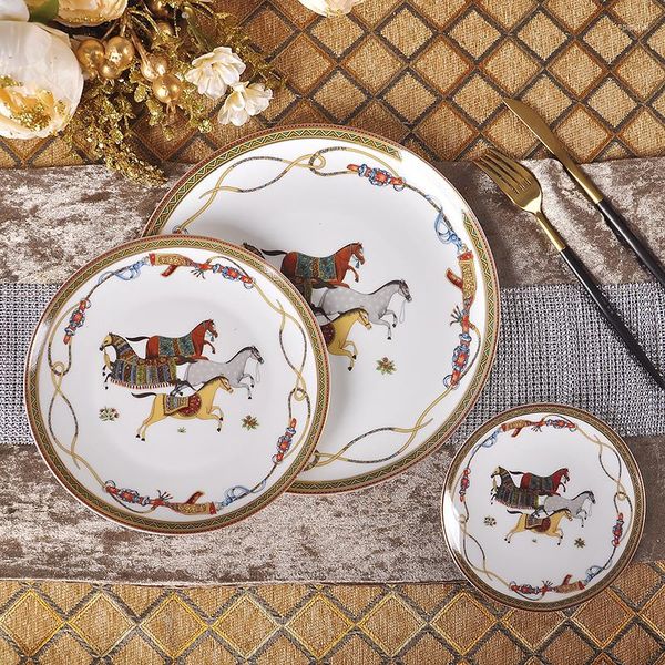 Plates 2023 Dinner Luxury War Horse Bone China Dinnerware Set Royal Feast Porcelain Western Plate Dish Home Decoration