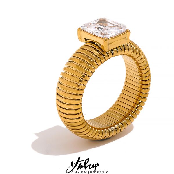 Solitärring Yhpup Vintage Metall Wasserdicht Edelstahl 18 Karat PVD Gold Farbe Zirkonia Dicker Ring für Frauen Mode Charm Schmuck 230626