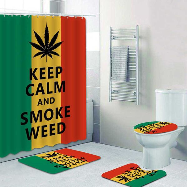 Cortinas de Chuveiro Reggae Rasta Keep Calm and Smoke Weed Cortinas de Chuveiro Jamaica Reggae Music Quote Cortina de Banheiro Tapetes Conjunto de Tapetes para Banheiro Decoração de CasaHKD230626