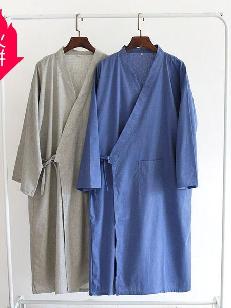 Этническая одежда в японском стиле Yukata Homewear Хлопковая льняная халата весна лето Тонкие пижамы длинные одежды для взрослых