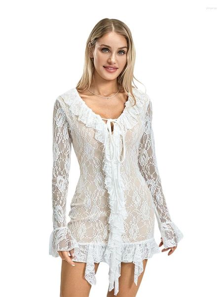 Abiti casual Donna Mini abito in pizzo Fata carina Flowy A-Line Corto senza spalline Uscire Festa estiva 12-bianco