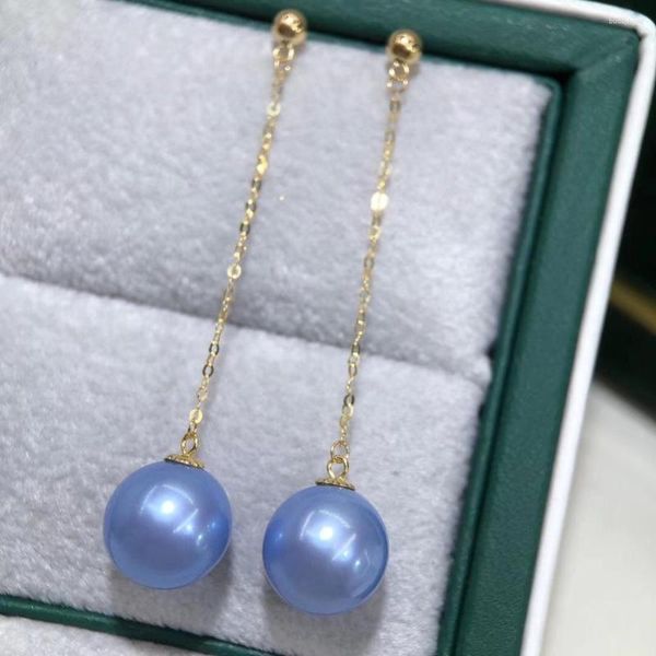 Orecchini pendenti D727 Pearl Fine Jewelry Solid 18K Gold Round 8-9mm Fresh Water Blue Rose Pearls Drop per le donne