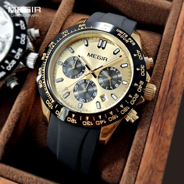 Relógios megir relógios de quartzo para homens moda preto ouro silicone cinta cronógrafo relógio de pulso com data 24 horas indicador mãos luminosas
