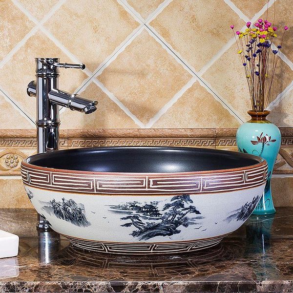 Pias de banheiro de cerâmica de bancada de arte vidrada, lavatório de porcelana chinesa, pia de cerâmica para banheiro Bnqhe