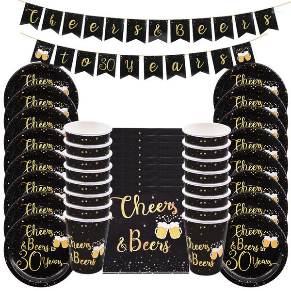 Decorazione per feste Set di stoviglie usa e getta in oro nero Piatti di carta Bicchieri Banner Saluti Birre 30 40 50 60 Anni Compleanno Matrimonio