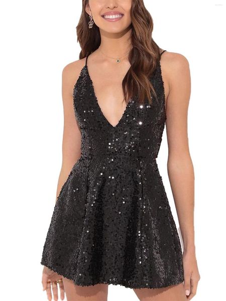 Vestidos Casuais Feminino S Glitter Lantejoulas Sem Manga Minivestido Y2k Alça Espaguete Corte Baixo Curto Festa de Aniversário Roupa de Aniversário (B Preto L)