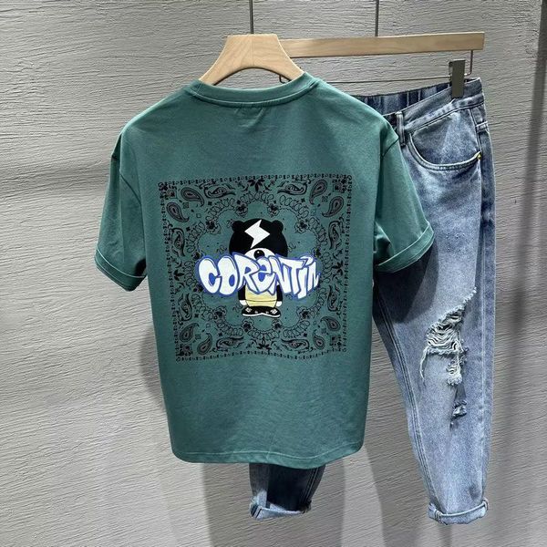 T-Shirts Masculinas Verão Tendências Masculinas Cuidados Casuais T-shirt Manga Curta Estampado Costas Jovem Mandarim Bottom Top 230625