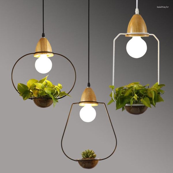 Luminárias pendentes de ferro forjado nórdico preto/branco anel LED cabo de madeira luzes com vaso de vidro transparente decoração de plantas droplights