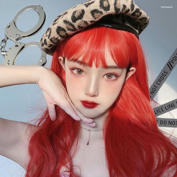 Synthetische Perücken BUQI rot gewellt 65 cm lang mit Pony hitzebeständiges weibliches natürliches Haar für Frauen Cosplay Party Lolita Kend22
