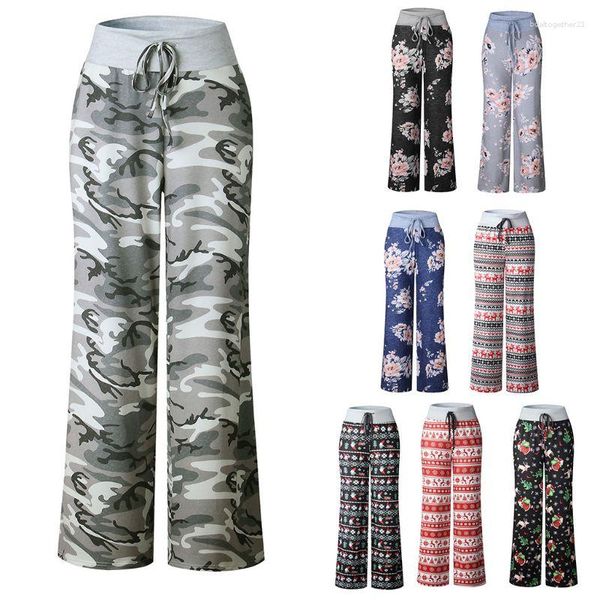 Damenhose, legere Pyjama-Hose mit Blumendruck, Kordelzug, lockeres, weites Bein, Palazzo-Hose 10CE