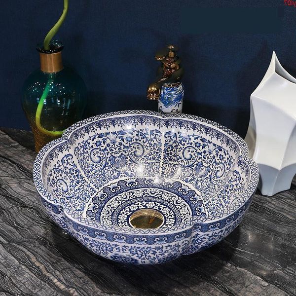 China Lavabo Keramik-Aufsatzwaschbecken, Garderobe, handbemaltes Gefäßwaschbecken, Badezimmerwaschbecken, Schüsselwaschbecken, Blau und Weiß, gute Menge Ndxip