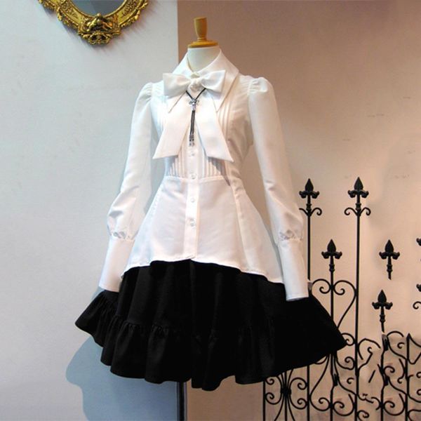 Vestido mulheres góticas vestidos lolita de verão de manga longa noite preta de tamanho grande colarinho de arco plissado de renda up gótica vestido branco chique vintage