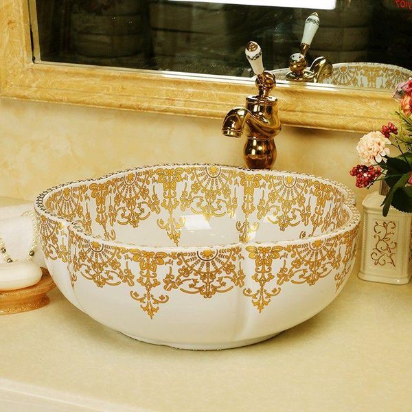 Forma di fiore Bagno Lavabo da appoggio in ceramica Lavabo Guardaroba Dipinto a mano Lavandino del vaso Lavabo del bagno Lavabo in ceramicabuona qtà Eieqq