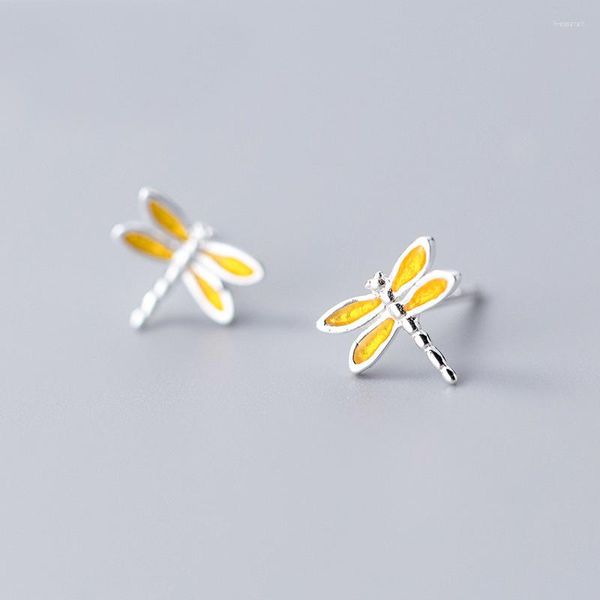 Brincos Stud MloveAcc 925 Solid Real Sterling Silver Cute Yellow Dragonfly Brincos Para Meninas Adolescentes Mulheres Jóias Finas