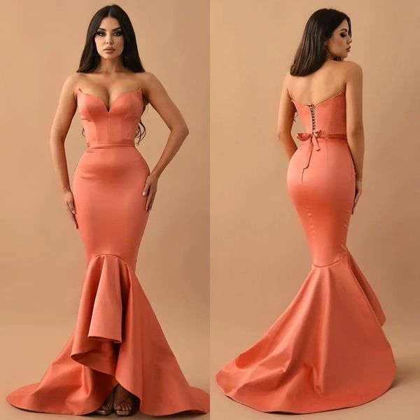 Modische orange-rosa Meerjungfrau-Abschlussballkleider, herzförmige Abendkleider, Schnürung am Rücken, Rüschen, formaler roter Teppich, langes Partykleid für besondere Anlässe