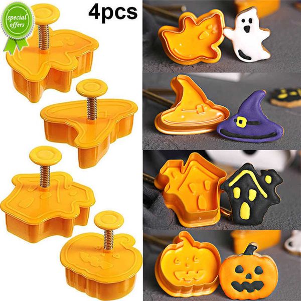 Nuovo 4pcs Halloween Cookie Stamp Biscotto Stampo 3D Zucca Fantasma Tema Plastica Cookie Cutter Stantuffo Fondente Muffa Decorazioni per torte