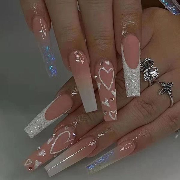 Unhas falsas unhas falsas 2023 longa bailarina francês falso rosa brilho diamante capa completa imprensa em cor gradiente diy dicas destacáveis