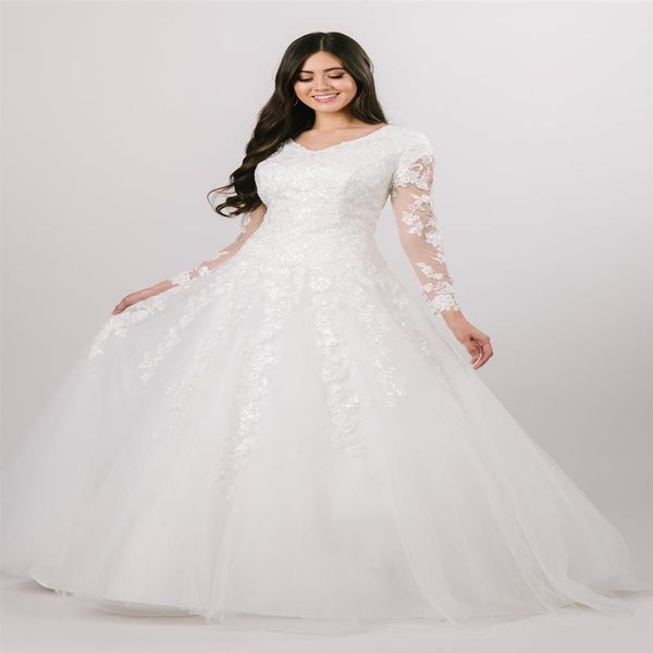 2020 Nuovi abiti da sposa modesti a trapezio con maniche lunghe e trasparenti scollo a V con paillettes in pizzo tulle vita scesa bottoni sul retro religioso Bri284A