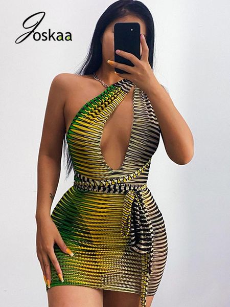 Fur Joskaa Stripe Impresso Deep Vneck Vestido Bodycon Mulheres Sexy Backless Bandage Mini Dress Summer 2021 Party Clubwear