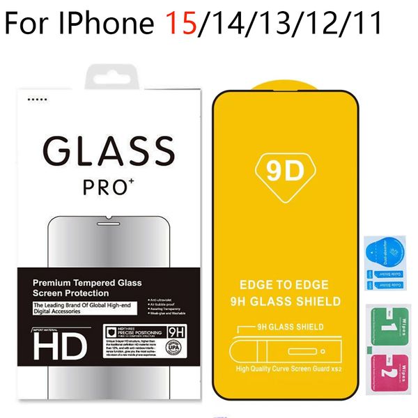 Protetor de tela de vidro temperado de cobertura completa 9D para iphone 15 14 13 12 11 mini pro max XR XS 6 7 8 Plus com caixa de varejo