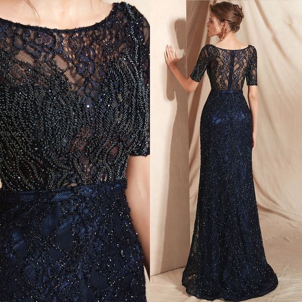 Elegante abito blu navy per la madre della sposa Abito da cerimonia nuziale con applicazioni di perline in pizzo Abito da cerimonia al ginocchio