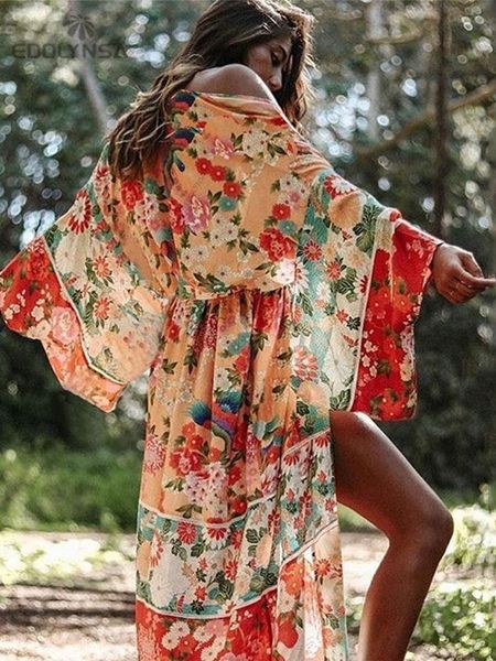 Abiti 2023 Boemia Floral Front Front Open Summer Women Beach Wear Wrappose Dress Tunic Tunic Sarongs Robe De Plage Pareo Q751