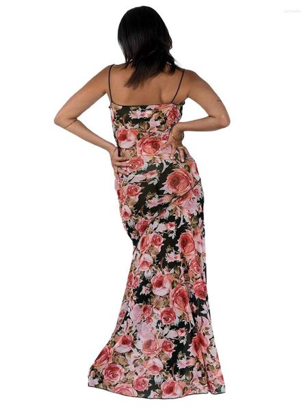 Vestidos Casuais Feminino S Floral Strappy Strappy Backless Tie-up Flower Print Slit Summer Hawaiian Long Party Maxi Prom (Preto Vermelho