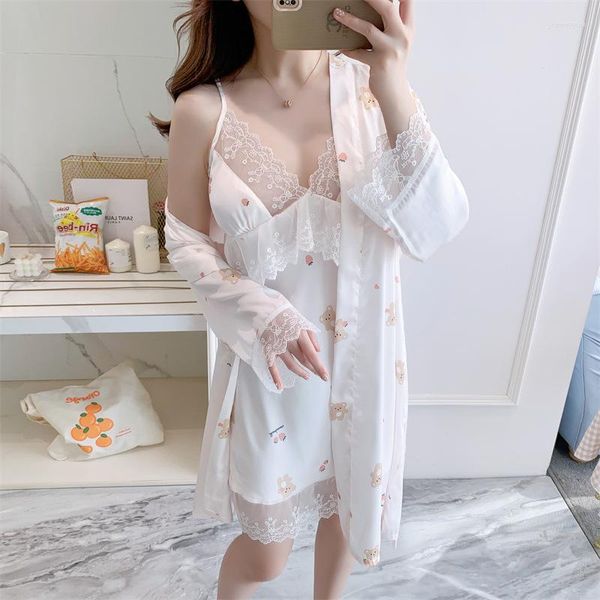 Pigiameria da donna Stampa Donna 2PCS NightyRobe Set Camicia da notte sexy in pizzo con cinturino per spaghetti Primavera Estate Sleepdress Abito da casa in raso di seta