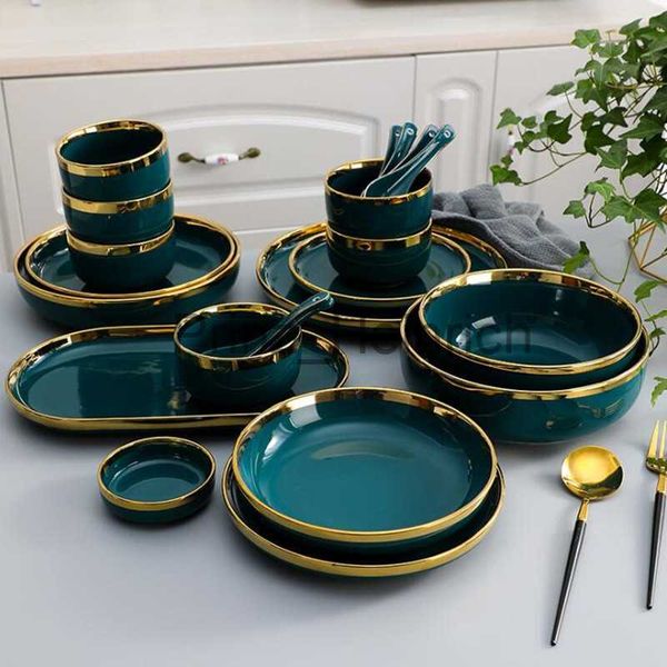 Pratos Pratos Aro dourado Prato de cerâmica verde Bife Prato de comida Talheres Tigela Ins Prato de jantar de alta qualidade Conjunto de louça de porcelana para hotel familiar J230626