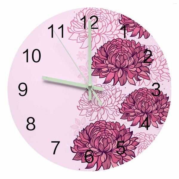 Relógios de parede Rosa Crisântemo Flor Textura Ponteiro Luminoso Relógio Enfeites para Casa Redondo Silencioso Sala de Estar Decoração de Escritório