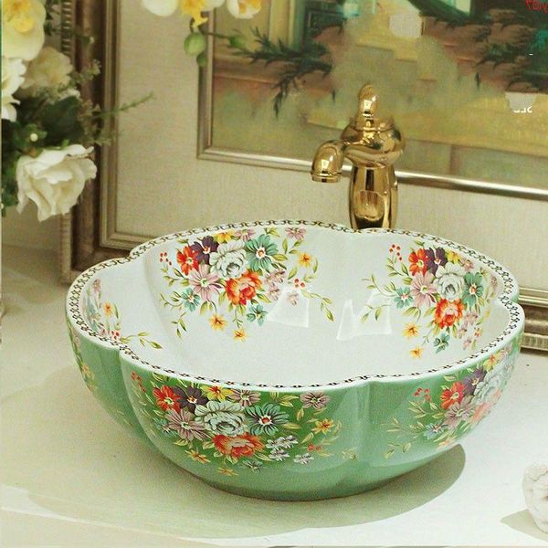 Jingdezhen fábrica diretamente arte pintada à mão lavatório de cerâmica pé pedicure pias de banheiro forma de flor greengood qty Asuxb