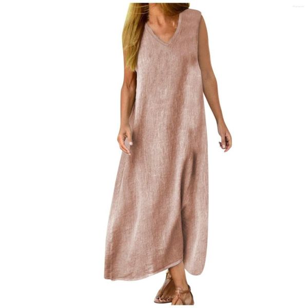 Casual Kleider Vintage Baumwolle Leinen Lose Für Frauen Sommer Ärmellose Strand Tank Maxi Kleid Dame Boho Übergroße Lange Robe