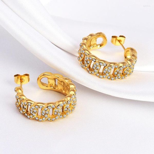 Orecchini a bottone Minos Dainty Brass Zircon CZ Hoop Catena a maglia cubana ghiacciata placcata oro 18 carati