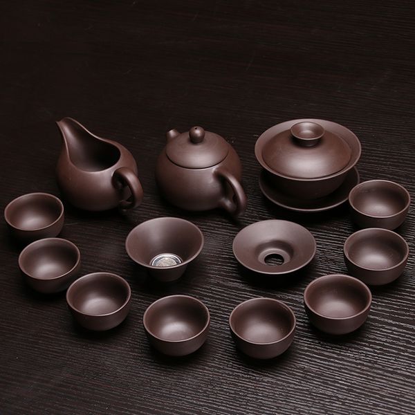 Moedor de café escovas cerâmica argila roxa conjunto de chá Kung Fu pote infusor Xishi Gaiwan bule servindo xícara de chá chinês Drinkware alta qualidade 230626