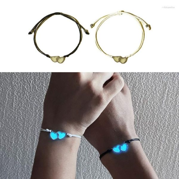 Charm-Armbänder, 2 Stück, einfaches geflochtenes Seil-Armband, leuchtendes Doppelherz, Paar-Armreifen, Freundschaft, passendes Valentinstagsgeschenk