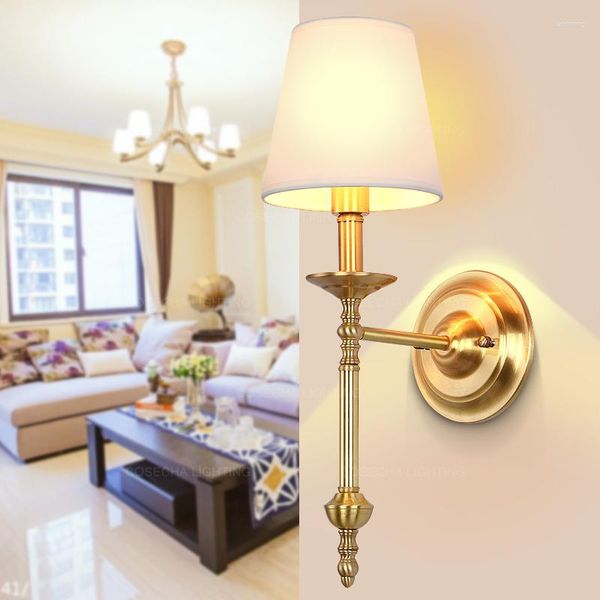 Wandleuchte, edle Kupferlichter mit Stoffschirm für Schlafzimmer, Flur, goldene Luxus-Nachttischlampe im El Corridor, Messing-Wandleuchte