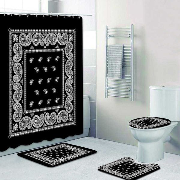 Cortinas de chuveiro preto branco paisley bandana padrão cortina de banheiro conjunto de cortina de chuveiro para banheiro ornamento de borda floral tapetes de banho decoraçãoHKD230626