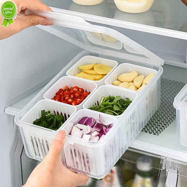 Compartimento Caixas para limpeza de alimentos Caixa de drenagem de plástico transparente Gengibre Alho Organizador de vegetais com tampa Caixa de embalagem de alimentos