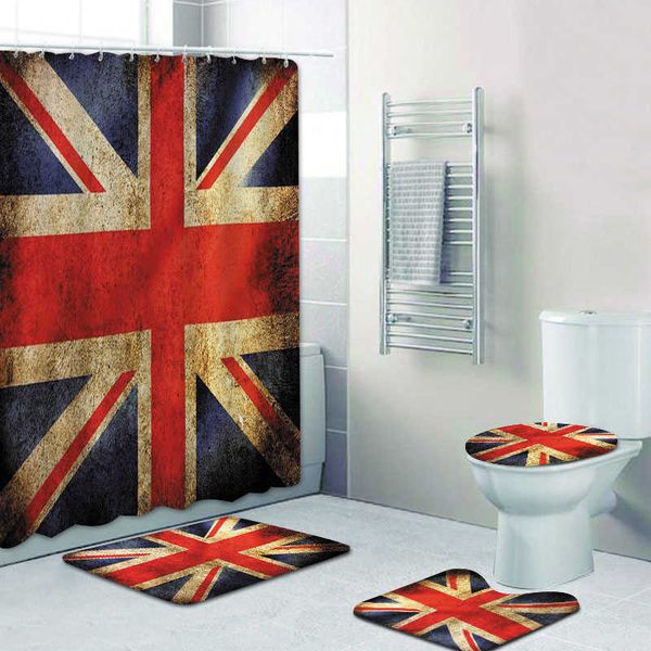 Tende da doccia Modern Grunge Union Jack UK Flag Set di tende da doccia per bagno Tappetino da bagno Tappeto Tappeto per WC Vasca da bagno Bandiera britannica Decorazioni per la casaHKD230626