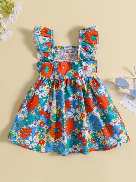 Mädchen Kleider KtwHarnu Kleinkind Baby Sommerkleid Blumendruck Rüschenärmel Quadratischer Ausschnitt Gerafftes Sommerkleid Süßes Boho-Outfit (Orange