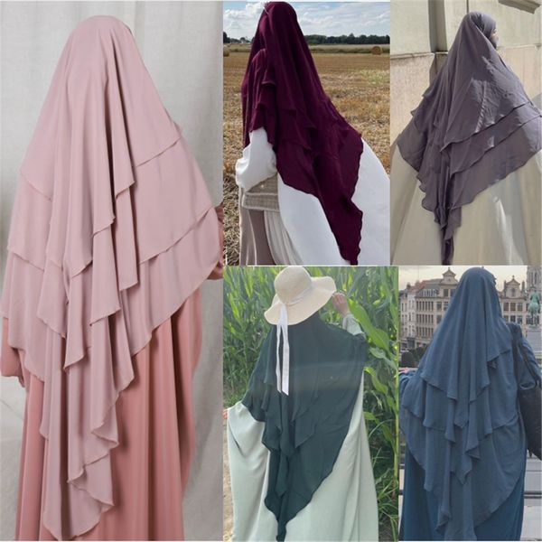 Hijab 3 strati Khimar Abaya Dubai Abiti velati turchi Abito lungo in chiffon per donne musulmane Niqab Set con Hijab Robe De Priere Islam 230626