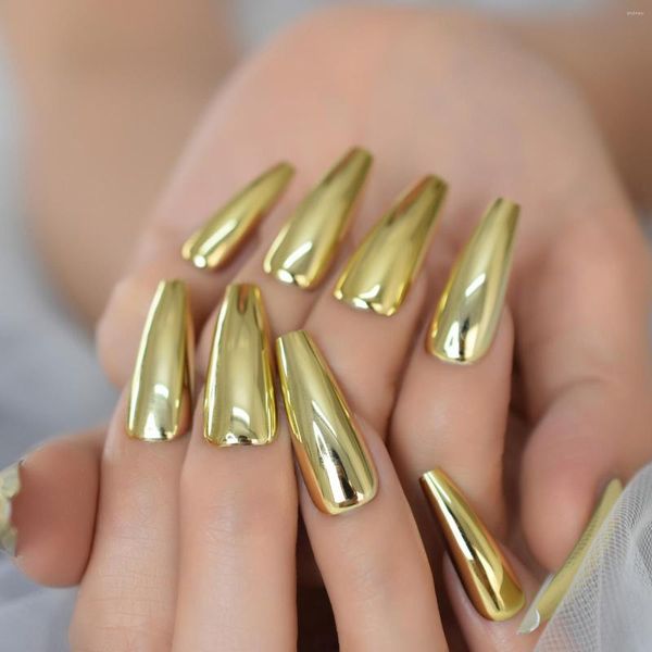 Накладные ногти чистого золотого цвета, простой дизайн, пресс на гроб, удлиненные поставки для профессионалов, оптовая продажа, подвески для ногтей, EchiQ, 24 шт.