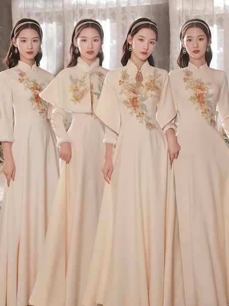 Ethnische Kleidung Retro Stickerei Chinesisches Qipao Kleid Vintage Knopf Cheongsam A-Linie Formelles Partykleid Winter Promi Bankett Vestidos