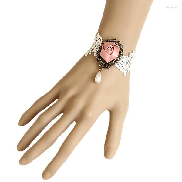 Charm Bilezikler Gelin El Pembe Çiçek Gül Beyaz Dantel Boncuk Damla Bilezik Bronz Metal Düğün Parti Gotik Lolita Vintage Moda