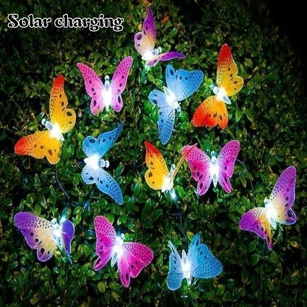 Decorazioni da giardino 12 LED Solar Power Fiber Optic Butterfly String Light Garden Decor Outdoor String Garden Suncatchers 230626